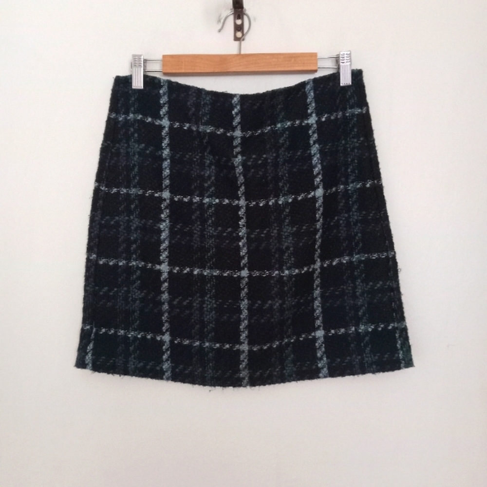 Loft Size 8 Petite Tweed Lined Mini Skirt Green Plaid